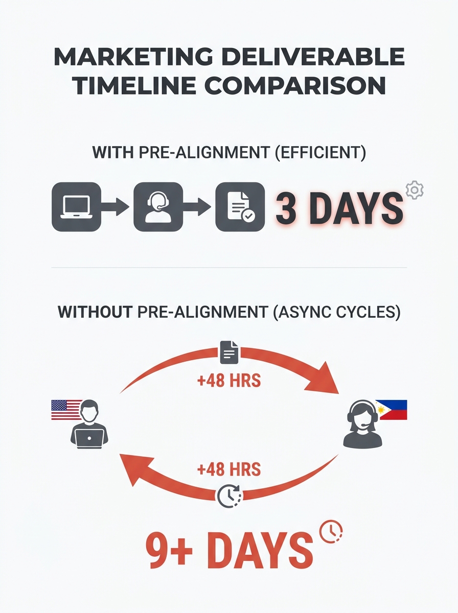 Infographic showing the timeline comparison of a marketing deliverable with internal pre-alignment (3 days to final delivery) versus without pre-alignment (9+ days with multiple async revision cycles