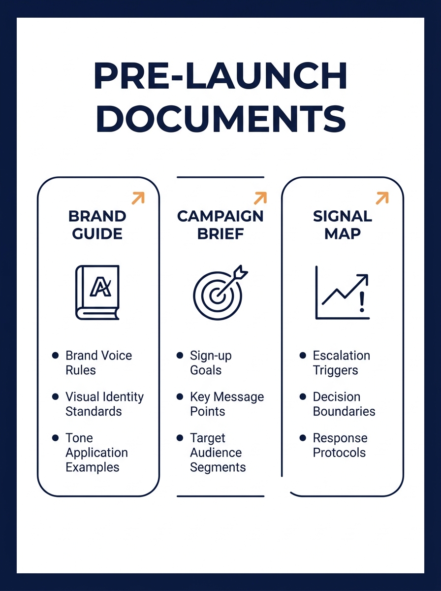Infographic showing three pre-launch documents side by side—Brand Guide, Campaign Brief, and Signal Map—with bullet points under each listing their key components like numeric KPIs, escalation trigger