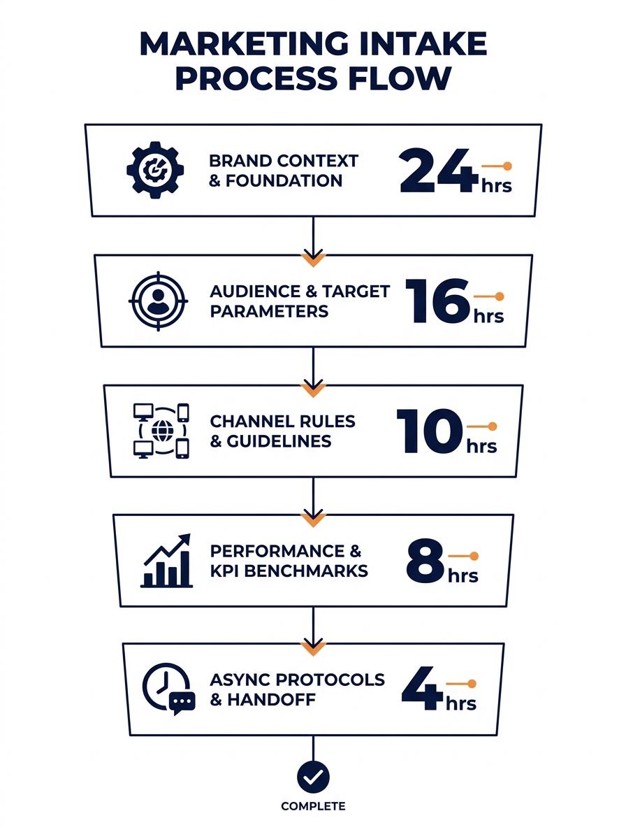infographic showing the five stages of a structured marketing intake process — brand context, audience parameters, channel rules, performance benchmarks, and async protocols — with time estimates and