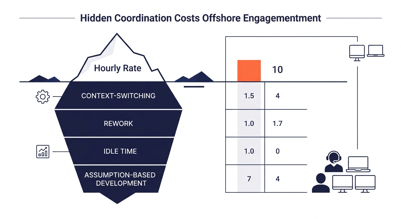 A diagram showing the hidden coordination costs in an offshore engagement, depicting visible costs (hourly rate) as a small iceberg tip above water, with underwater sections labeled context-switching,