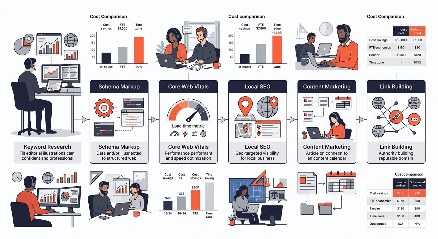An infographic showing the six components of AEC SEO strategy (keyword research, schema markup, Core Web Vitals, local SEO, content marketing, link building) arranged in a workflow diagram with cost c