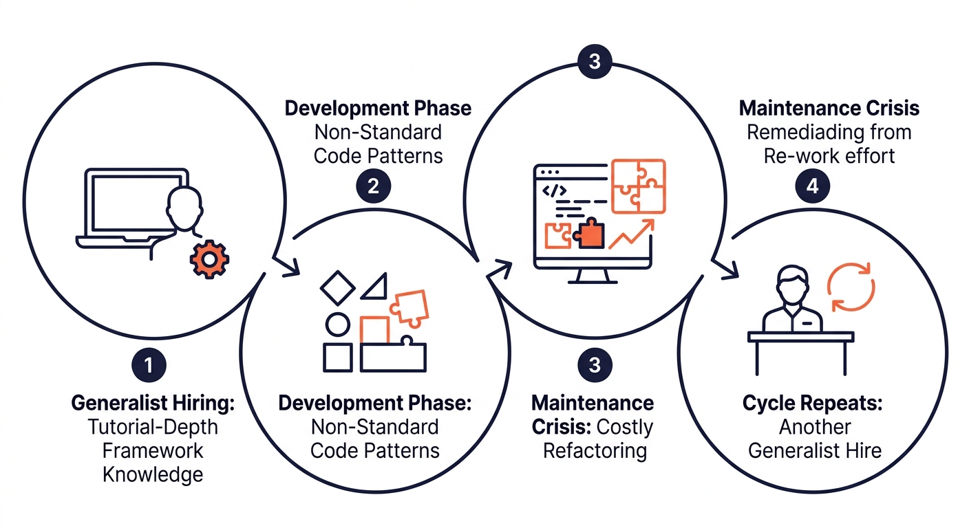 Diagram showing a technical debt cycle caused by generalist hiring, with stages labeled tutorial-depth framework knowledge, non-standard code patterns, costly refactoring, and repeating the cycle with