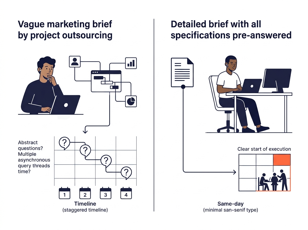 A side-by-side comparison showing a vague marketing brief on the left generating 5 async question threads over 4 calendar days versus a detailed brief on the right with all specifications pre-answered