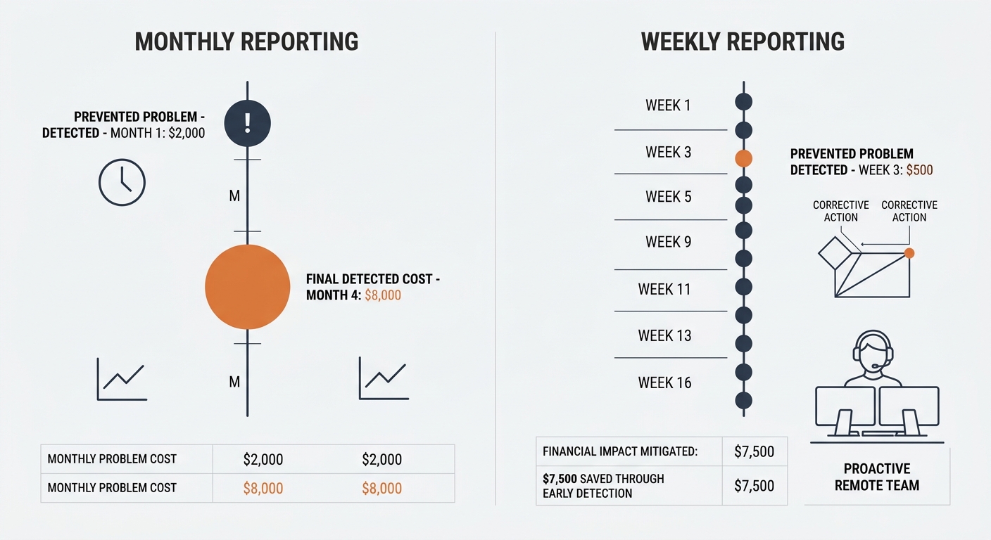 Side-by-side comparison showing a monthly reporting timeline with a $2,000 problem growing to $8,000 versus a weekly reporting timeline catching the same problem at $500