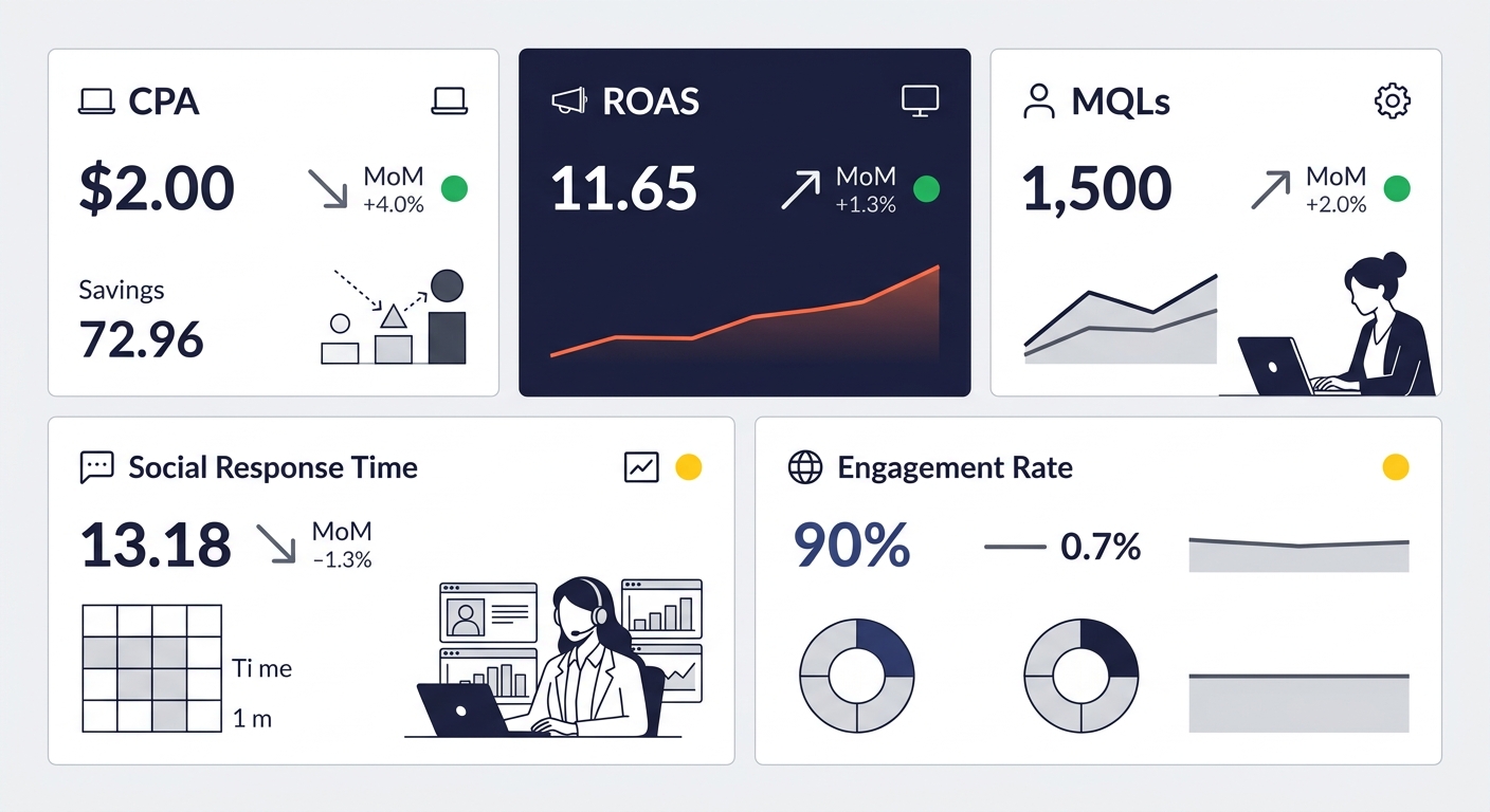 A dashboard mockup with five metric panels showing CPA, ROAS, MQLs, social response time, and engagement rate, each with month-over-month comparison arrows and green/yellow/red status indicators