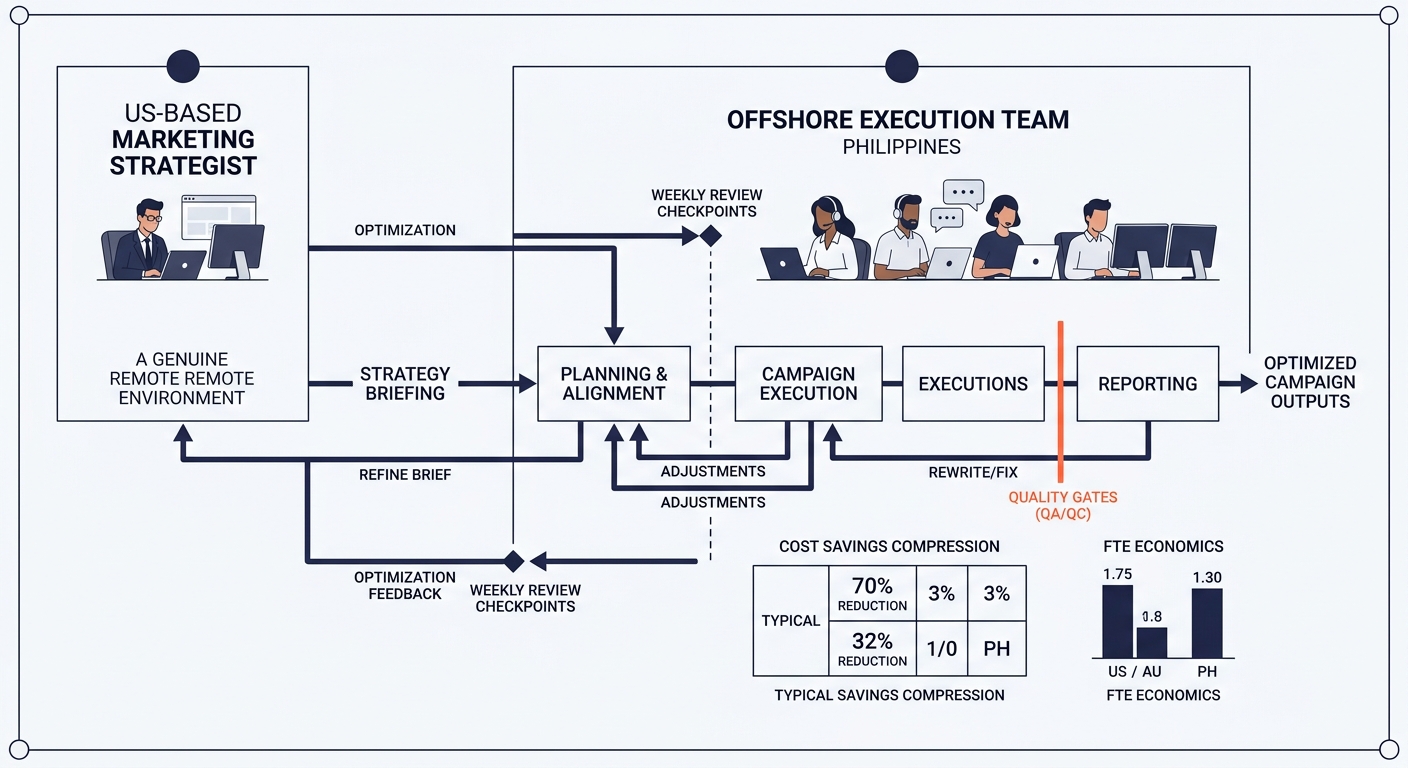 workflow diagram showing communication flow between a US-based marketing strategist and an offshore execution team, with labeled feedback loops, weekly review checkpoints, and quality gates