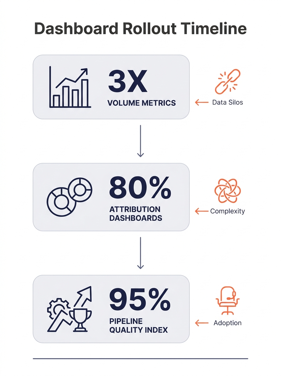 infographic showing the three-phase dashboard rollout timeline from volume metrics (months 1-3) through attribution dashboards (months 4-9) to Pipeline Quality Index scoring (month 10+), with key metr