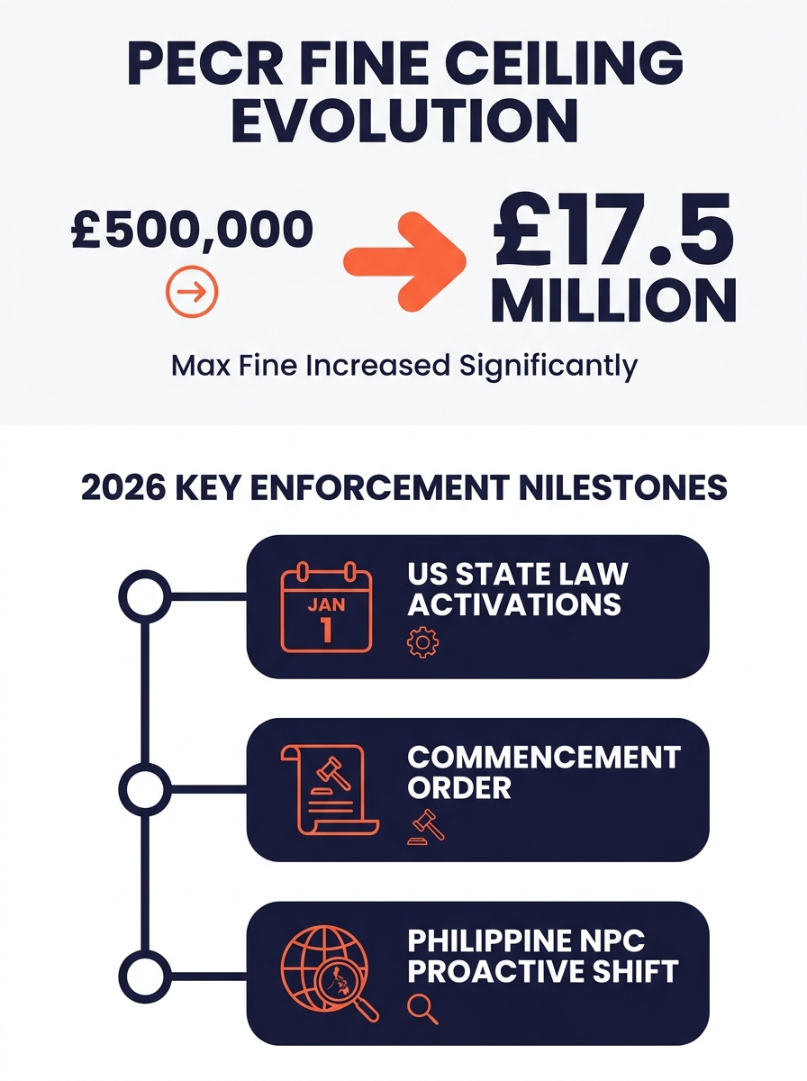 An infographic showing the PECR fine ceiling evolution from £500,000 to £17.5 million, with a timeline of key 2026 enforcement milestones including the February commencement order, US state law activa