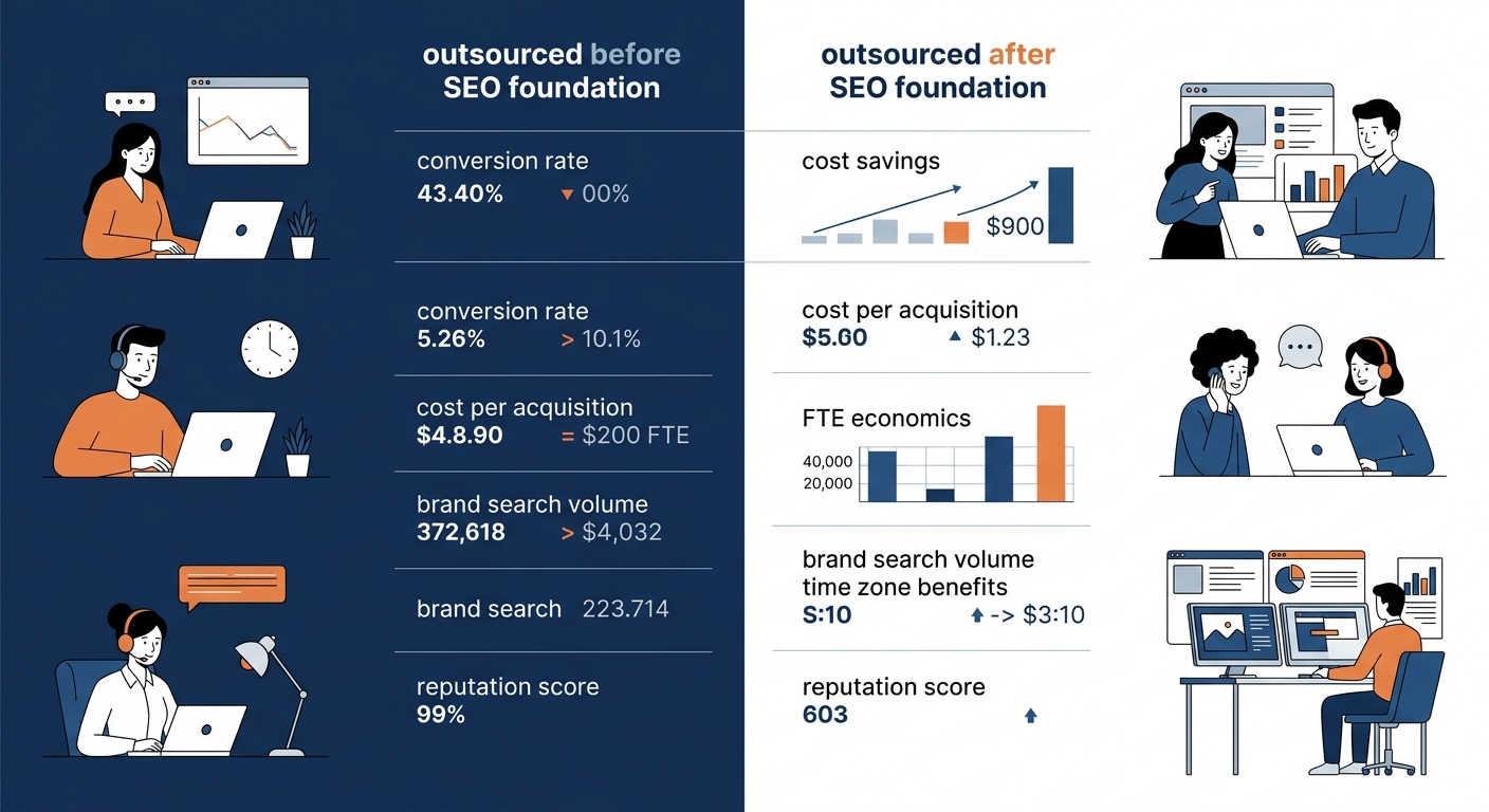 a comparison chart showing two columns labeled "outsourced before SEO foundation" and "outsourced after SEO foundation" with metrics like conversion rate, cost per acquisition, brand search volume, an
