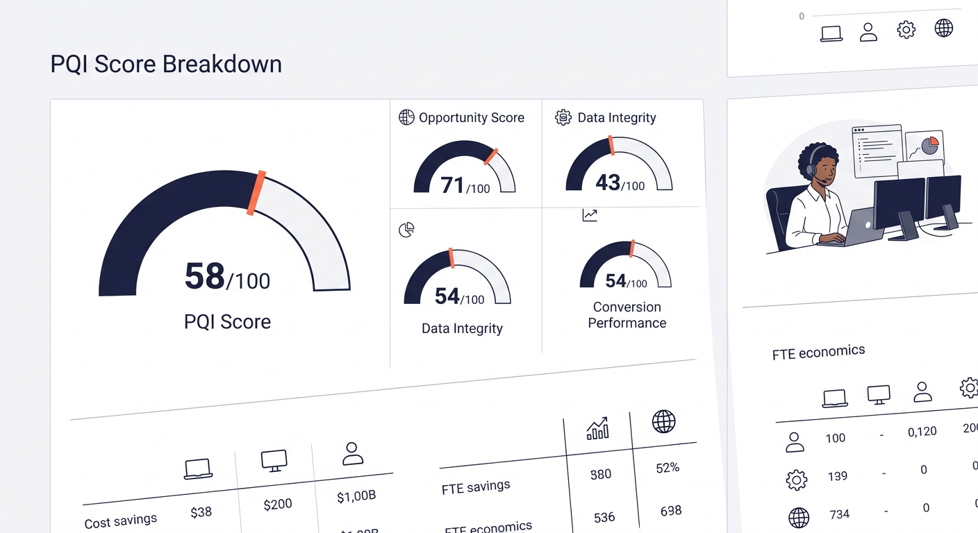 a dashboard mockup showing the PQI score breakdown with three component gauges for Opportunity Score (71/100), Data Integrity (43/100), and Conversion Performance (54/100), with the composite PQI scor