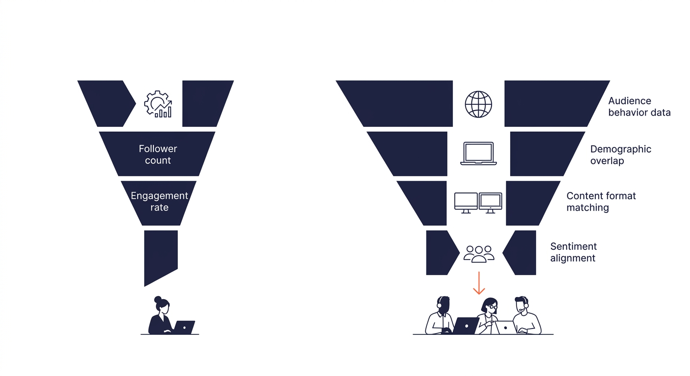 comparison diagram showing two creator selection funnels — one narrow funnel using only follower count and engagement rate, another wider funnel incorporating audience behavior data, demographic overl