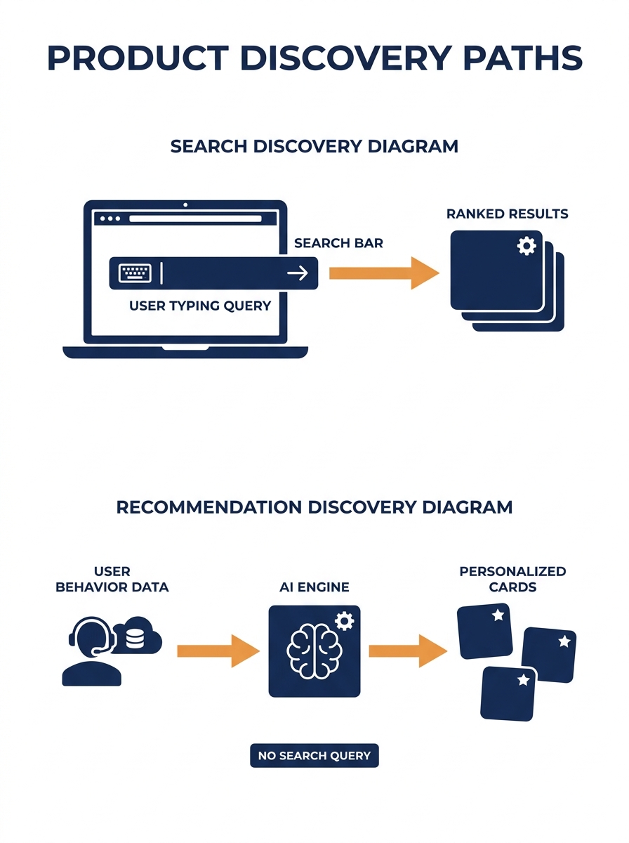 a side-by-side diagram showing two product discovery paths — one labeled "Search Discovery" with a user typing a keyword query into a search bar and receiving ranked results, and another labeled "Reco