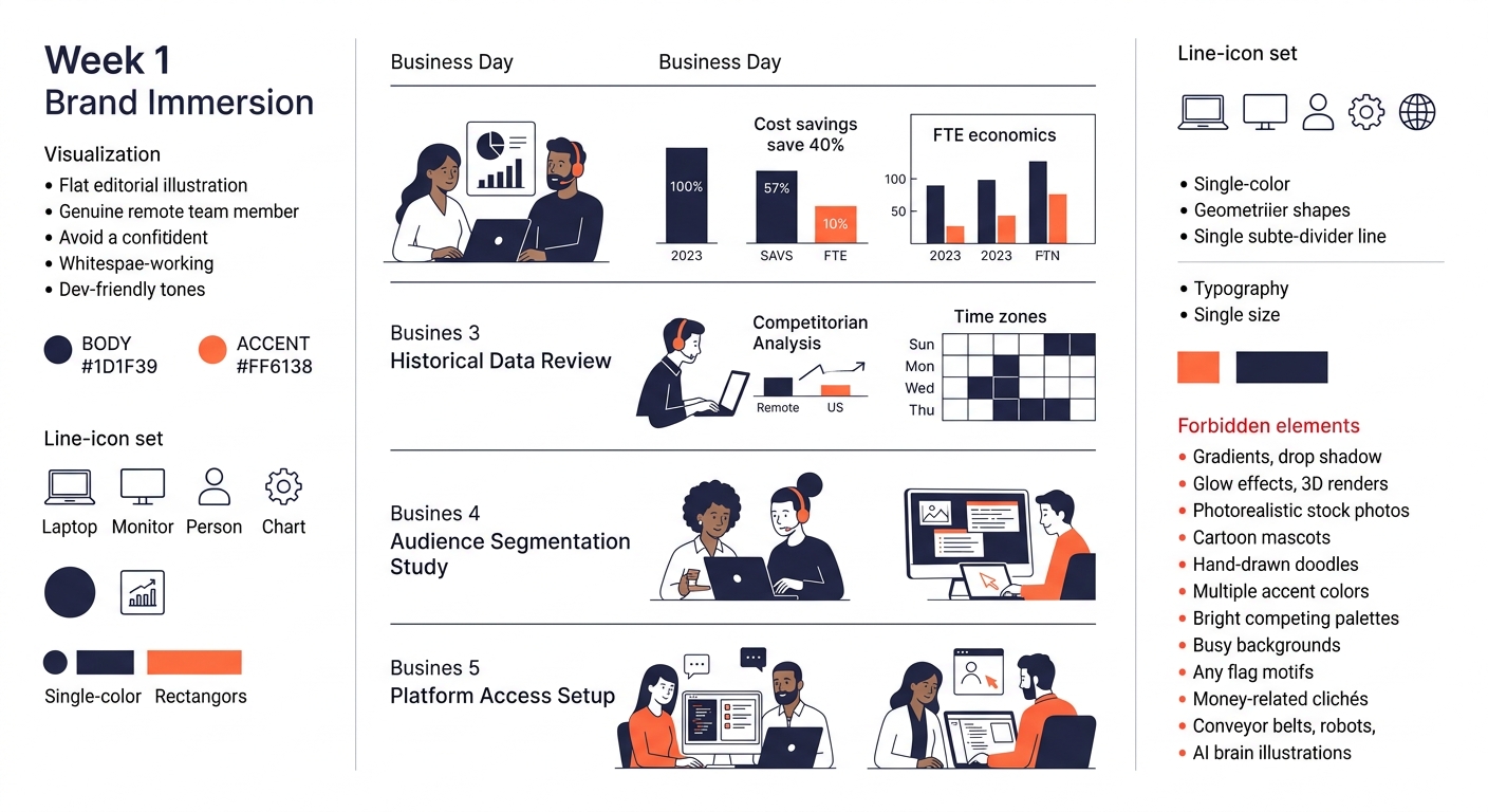 Timeline visualization showing Week 1 brand immersion activities—historical data review, competitor analysis, audience segmentation study, and platform access setup—mapped across five business days