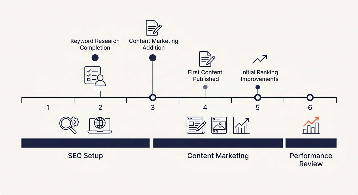 a timeline diagram showing months 1-3 focused on SEO setup, months 3-6 adding content marketing, with specific milestones like keyword research completion, first content published, and initial ranking
