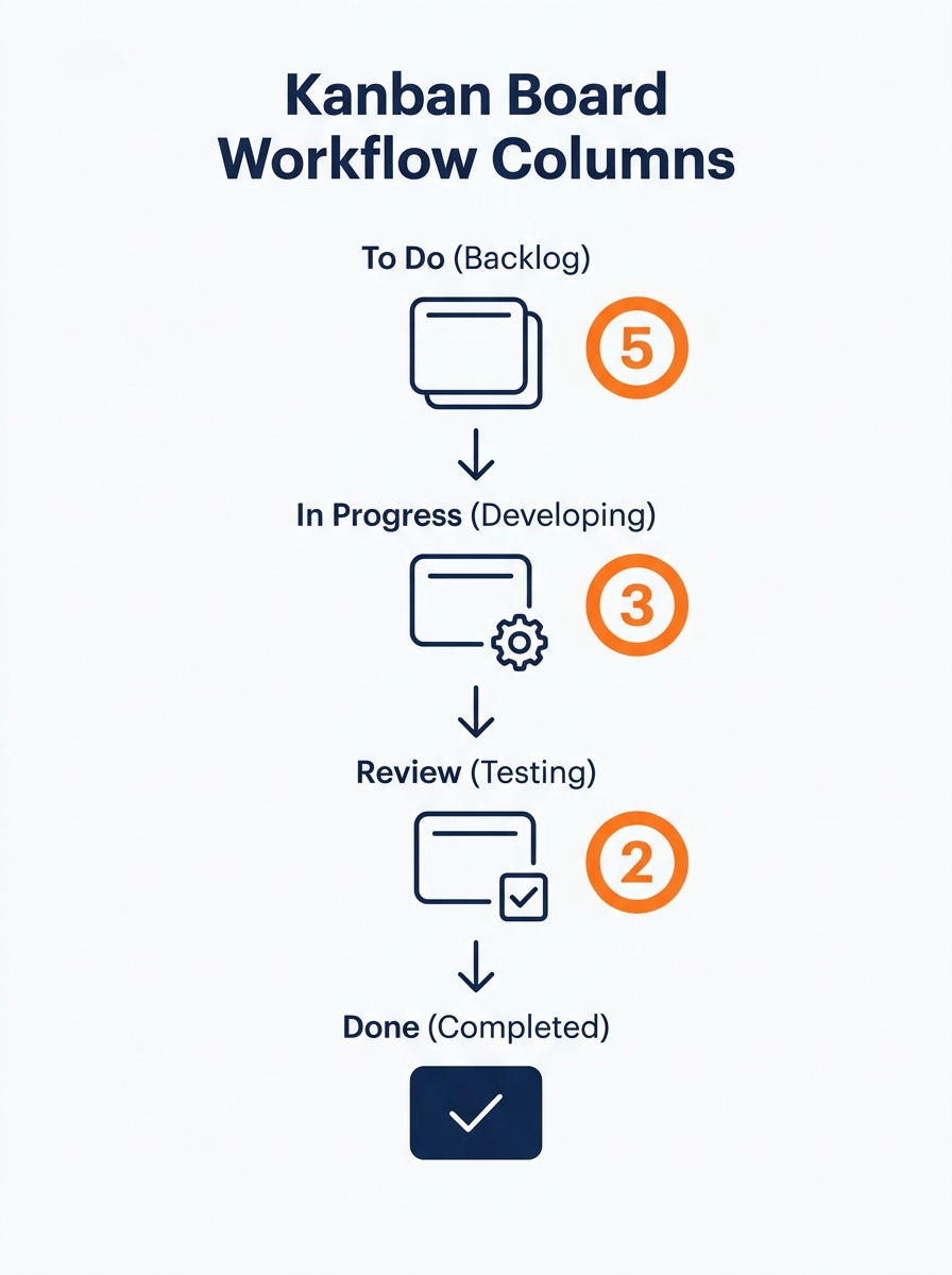 Kanban board showing task workflow columns from To Do through Done with work-in-progress limits highlighted