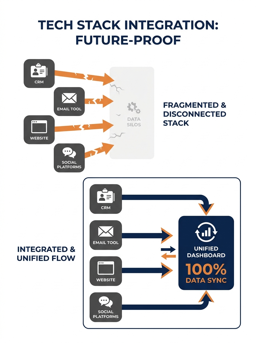 an infographic showing a fragmented tech stack on the left with disconnected CRM, email tool, website, and social platforms connected by broken arrows, versus an integrated stack on the right with all