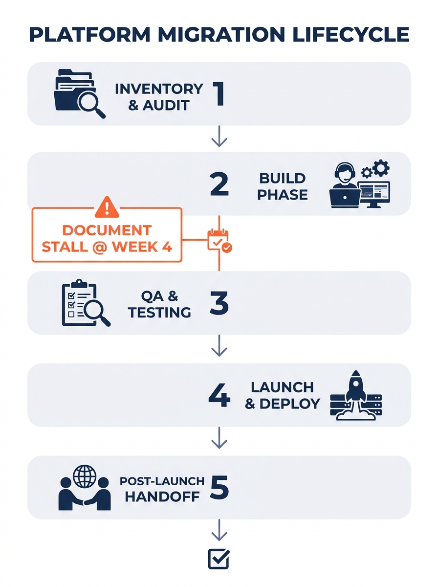 infographic showing the lifecycle of a platform migration project with five phases—inventory, build, QA, launch, and post-launch handoff—highlighting where documentation typically stops being updated 