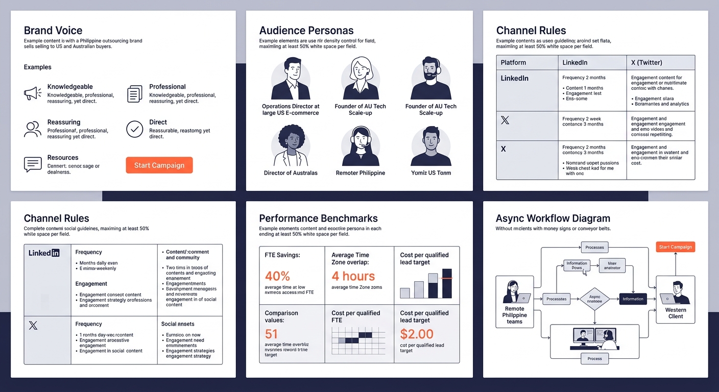 a detailed digital marketing brief template document showing the five fields filled in with example content for a social media campaign, including brand voice examples, audience personas, channel rule