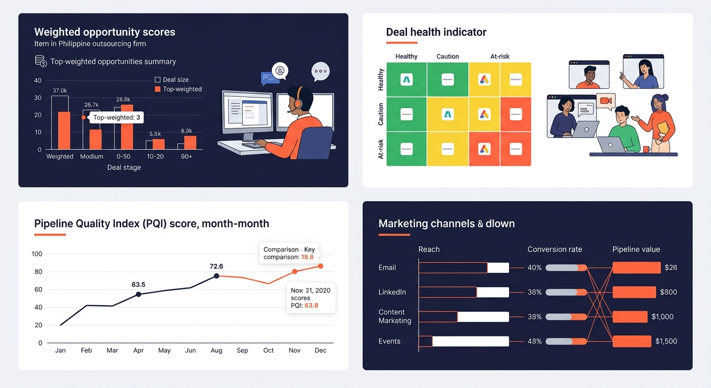 A pipeline quality dashboard showing weighted opportunity scores, color-coded deal health indicators, and a trend line comparing PQI scores month over month across different marketing channels