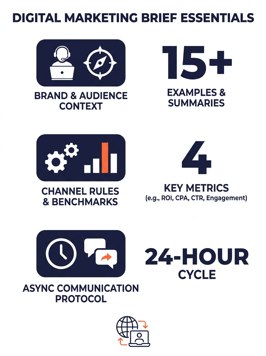 infographic showing the five fields of a digital marketing outsourcing brief — brand context, audience parameters, channel-specific rules, performance benchmarks, and async communication protocol — ea