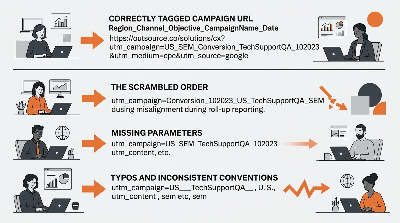a side-by-side comparison showing a correctly tagged campaign URL with Region_Channel_Objective_CampaignName_Date naming convention versus three common mistagging errors, with arrows showing where eac