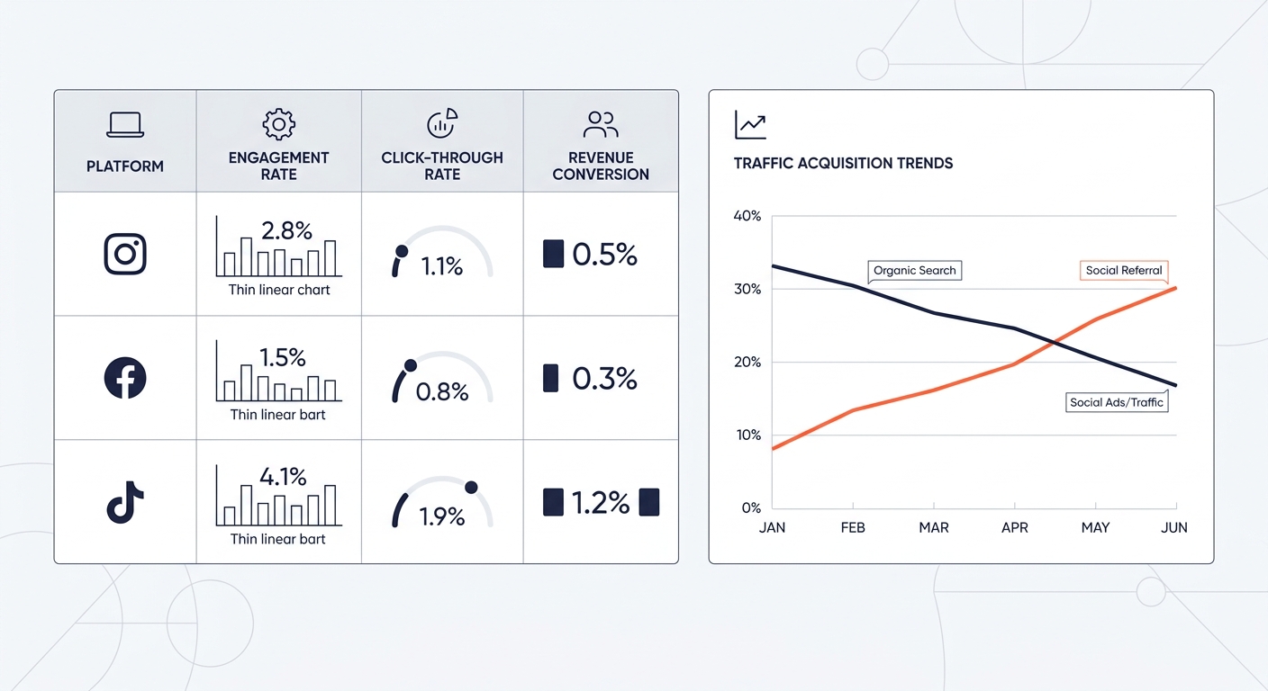 Sample dashboard layout showing platform-specific metrics for TikTok, Instagram, and Facebook side by side, with columns for engagement rate, click-through rate, pipeline conversion rate, and a trend 