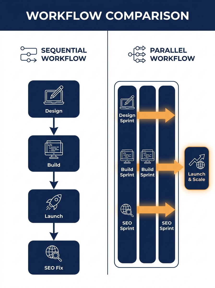 A split-screen diagram showing two workflows side by side — left side labeled "Sequential" with arrows going Design → Build → Launch → SEO Fix, right side labeled "Parallel" with Design, Build, and SE
