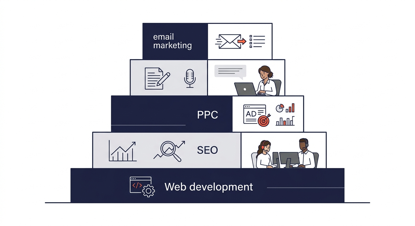 Illustration showing a layered building structure where web development forms the foundation layer, with SEO, PPC, content, and email marketing stacking on top in successive layers, representing the r