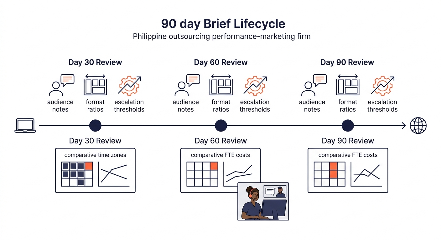 a timeline showing a 90-day brief lifecycle with review checkpoints at day 30, day 60, and day 90, each with specific items to update such as audience notes, format ratios, and escalation thresholds