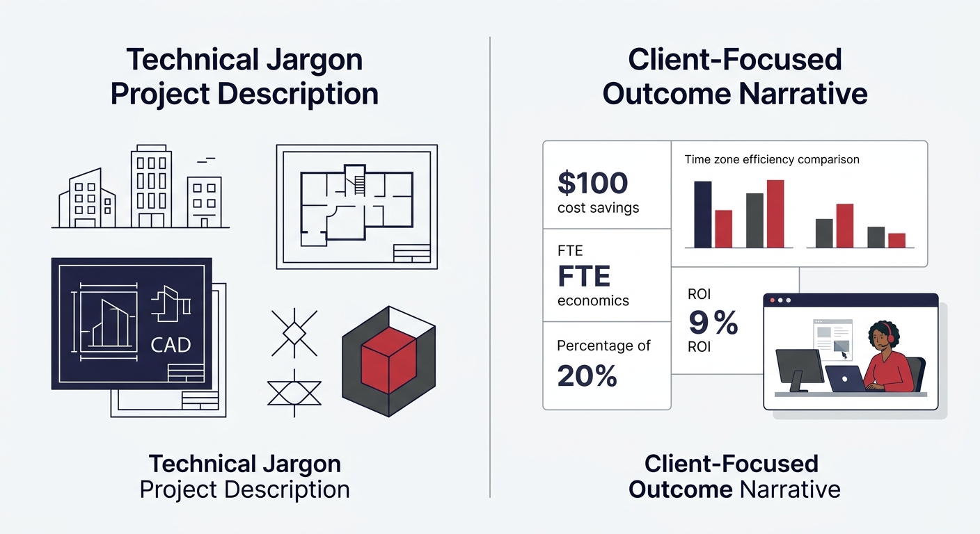 a split-screen comparison showing an architecture firm website project page written in technical jargon on the left side versus the same project rewritten with client-focused outcome language highligh