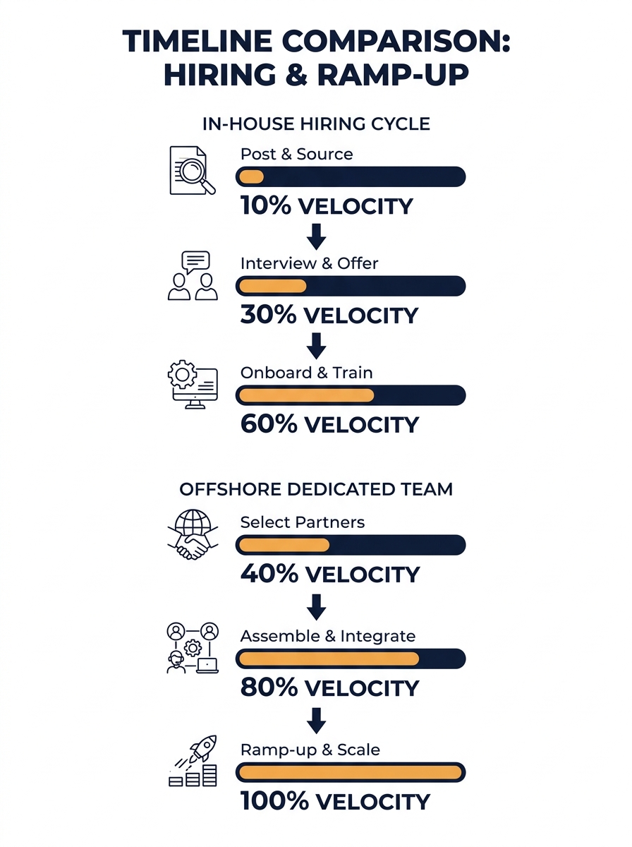 Timeline comparison chart showing in-house hiring cycle vs offshore dedicated team ramp-up periods with velocity percentages at each milestone