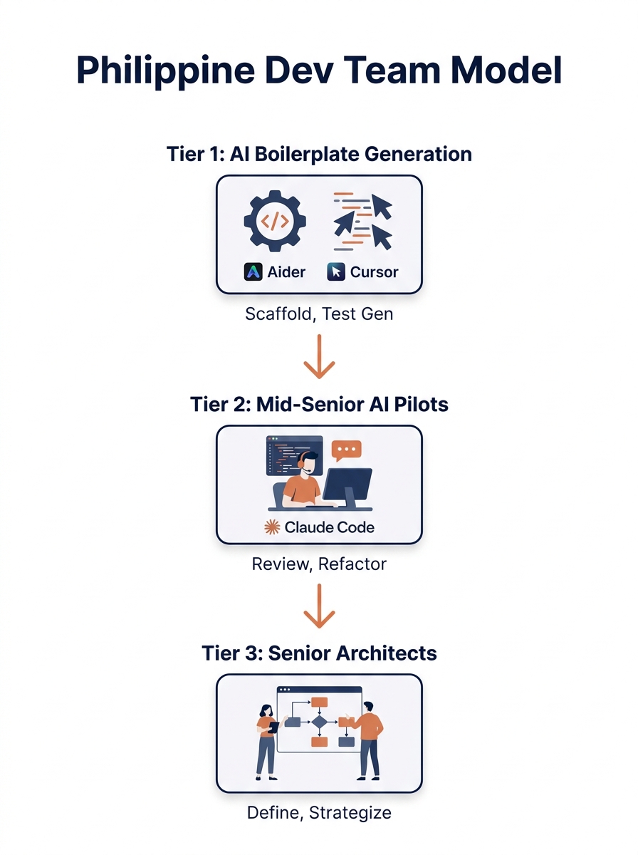 Infographic showing the three-tier Philippine dev team model with Tier 1 showing AI boilerplate generation with Aider and Cursor logos, Tier 2 showing mid-senior engineers as AI pilots with Claude Cod