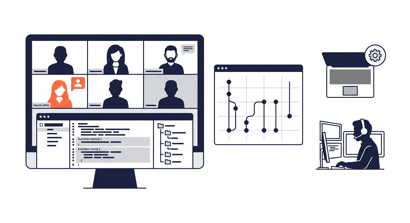 Distributed software development team on video conference call with shared code repository visible on screen