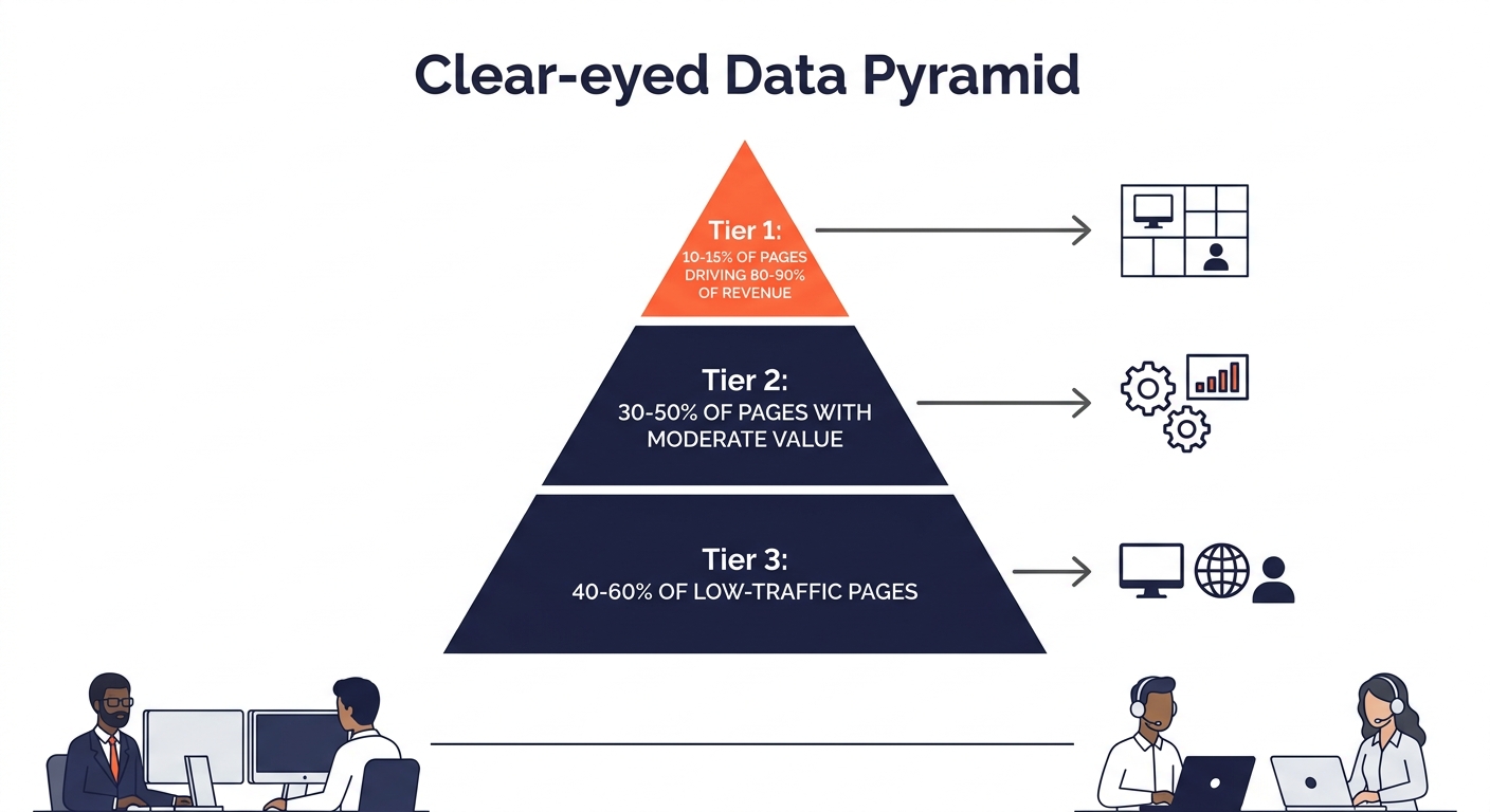 An infographic showing a pyramid divided into three tiers with data labels — Tier 1 at top showing 10-15% of pages driving 80-90% of revenue, Tier 2 in middle showing 30-50% of pages with moderate val