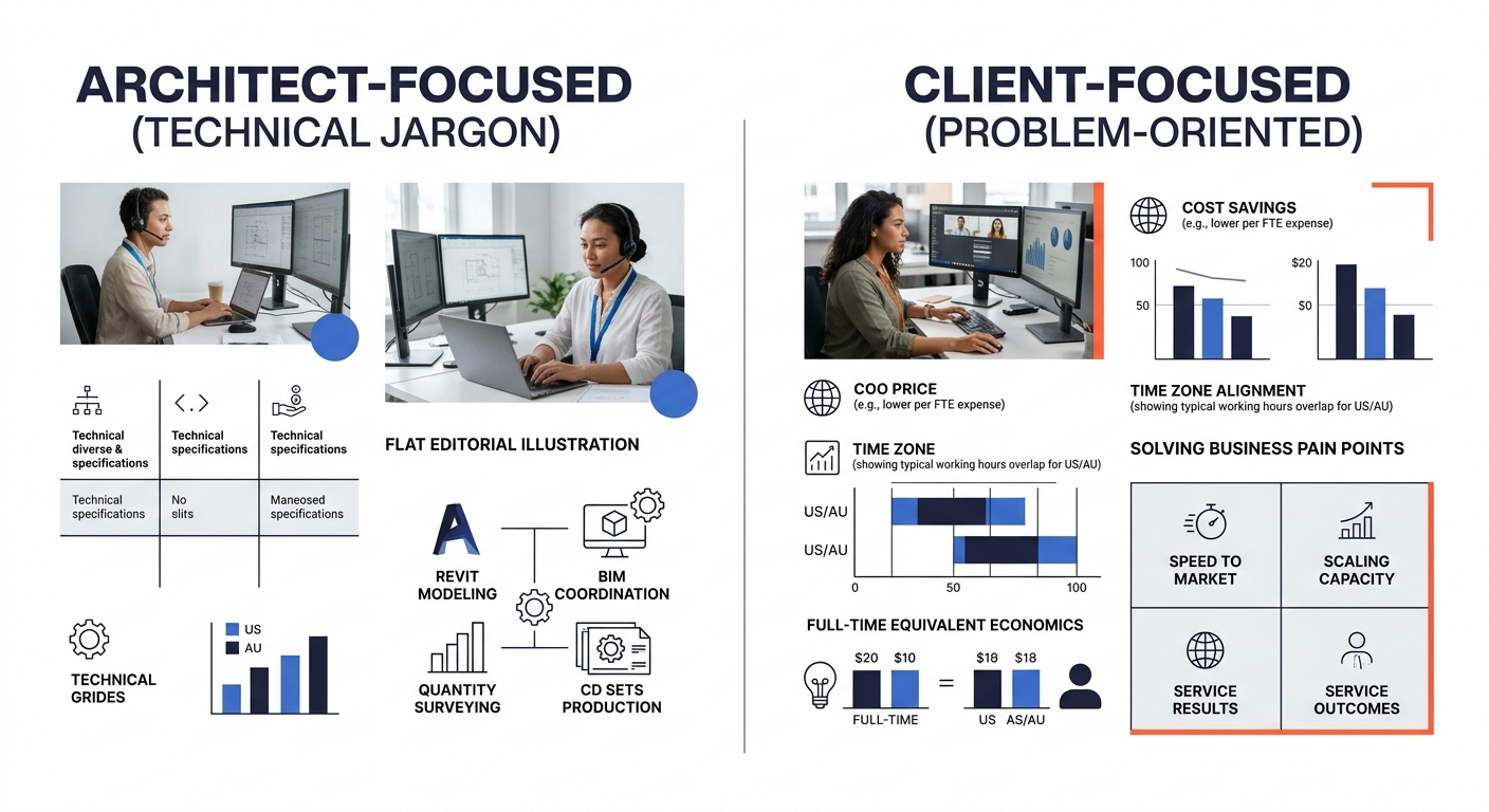 side-by-side comparison of an architect-focused service page using technical jargon versus a client-focused service page using problem-oriented language, highlighting the difference in tone and keywor