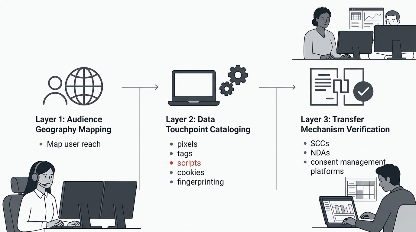 A flowchart showing the three-layer jurisdiction audit process for a Philippine outsourced team: Step 1 Audience Geography Mapping, Step 2 Data Touchpoint Cataloging (pixels, tags, scripts, cookies, f