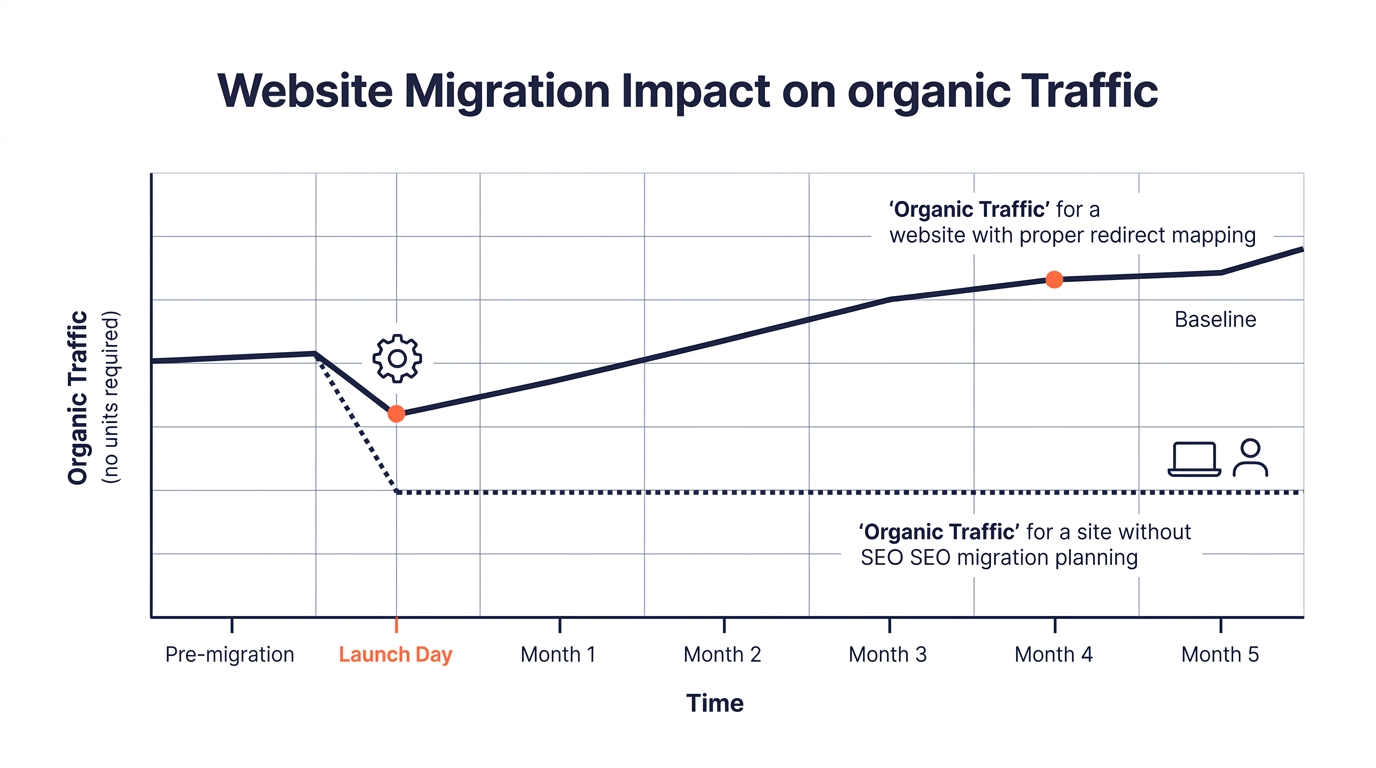 A line graph showing organic traffic over time during a website migration — one line dips slightly at launch day then recovers to baseline within 60-90 days with proper redirect mapping, while a secon