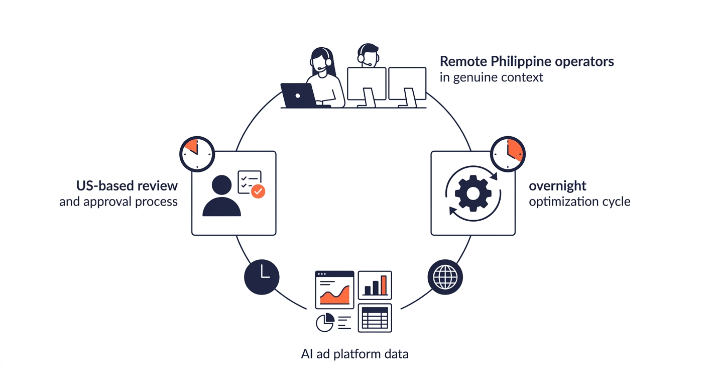 a circular workflow diagram showing how AI ad platform data flows from Philippine operators through overnight optimization cycles back to US-based review and approval, with clock icons showing the 24-