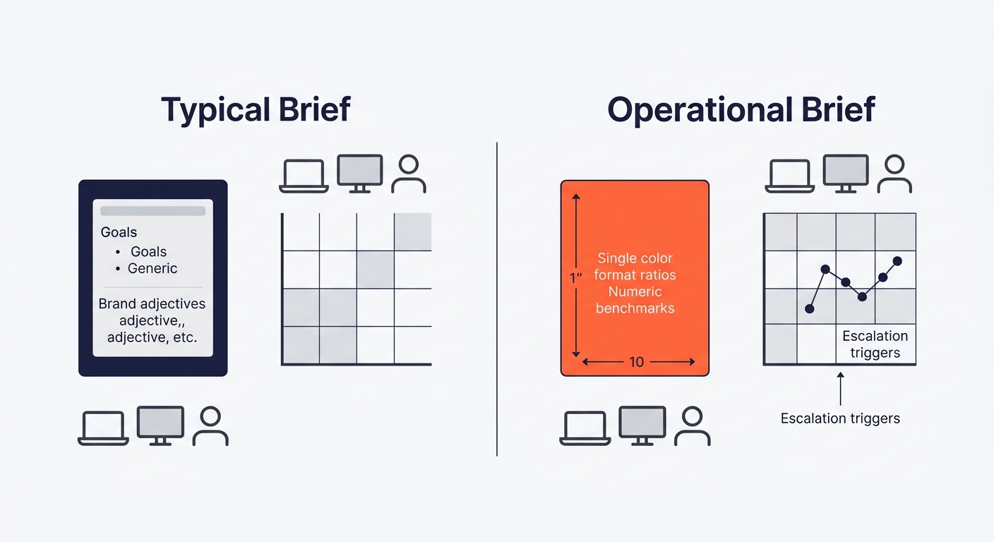 a diagram showing two briefs side by side — one labeled "typical brief" with generic goals and brand adjectives, and one labeled "operational brief" with specific format ratios, numeric benchmarks, an