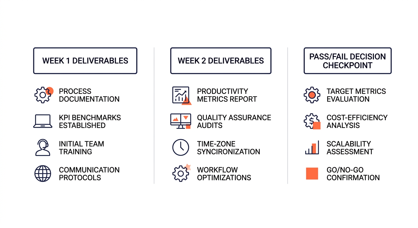 A timeline graphic showing the two-week pilot process with week 1 deliverables on the left, week 2 deliverables in the middle, and a pass/fail decision checkpoint on the right, with specific criteria