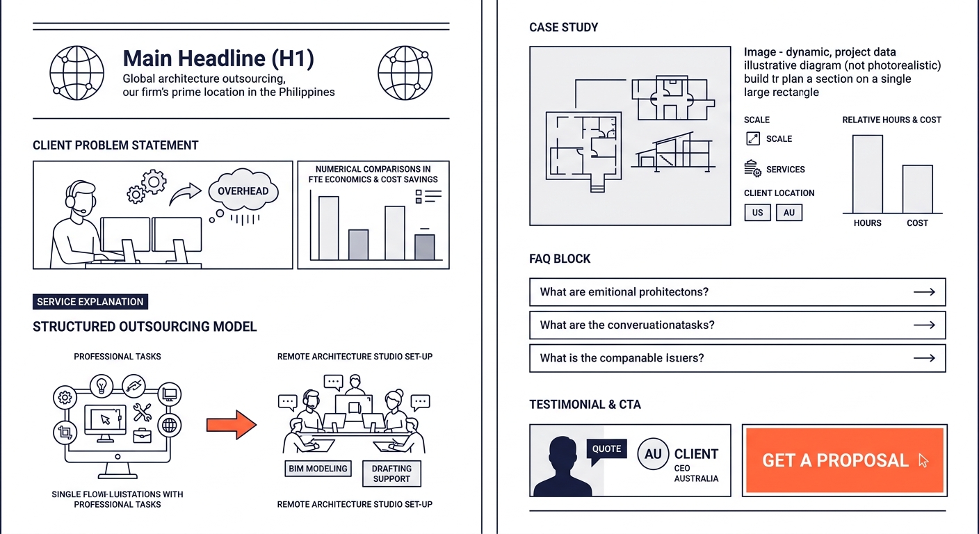wireframe layout of a structured architecture firm service page showing the entity model with labeled sections for H1 with location, client problem statement, service explanation, case study with proj