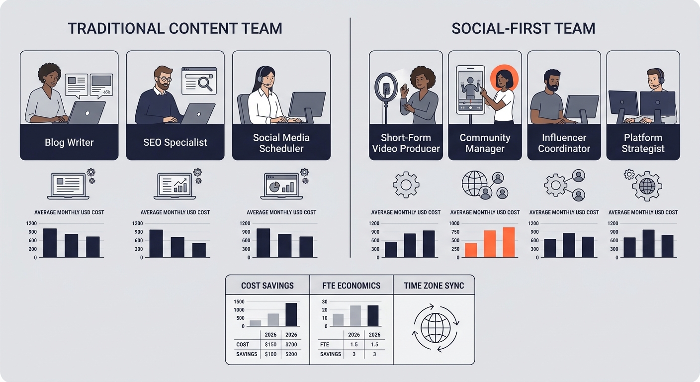 Side-by-side comparison showing a traditional content team structure (blog writers, SEO specialist, social media scheduler) versus a 2026 social-first team structure (short-form video producer, commun
