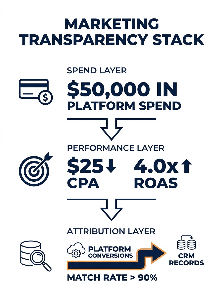 Infographic showing three layers of a transparency stack - spend layer with dollar amounts, performance layer with CPA and ROAS metrics, and attribution layer connecting platform conversions to CRM re