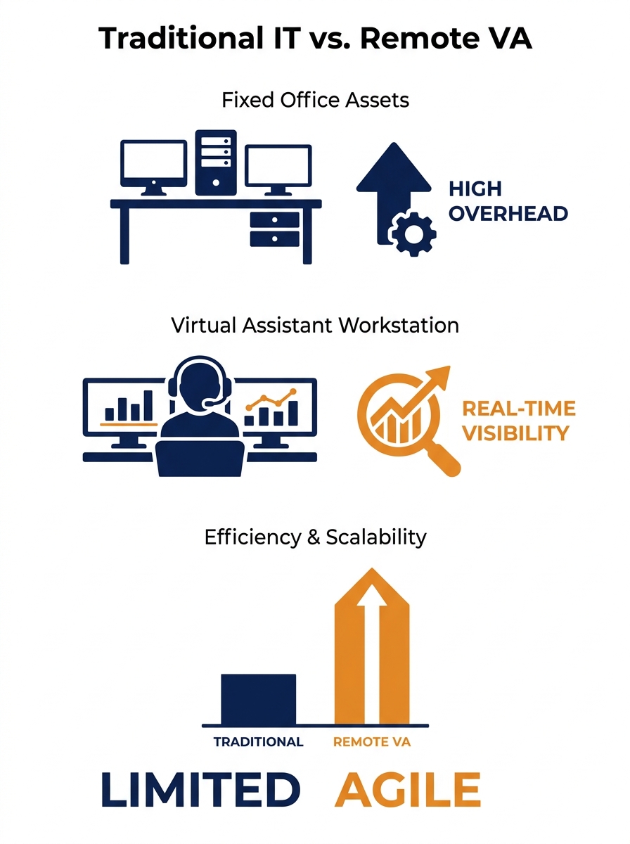 Split-screen comparison showing traditional IT office setup on left versus remote virtual assistant workstation with monitoring dashboards on right