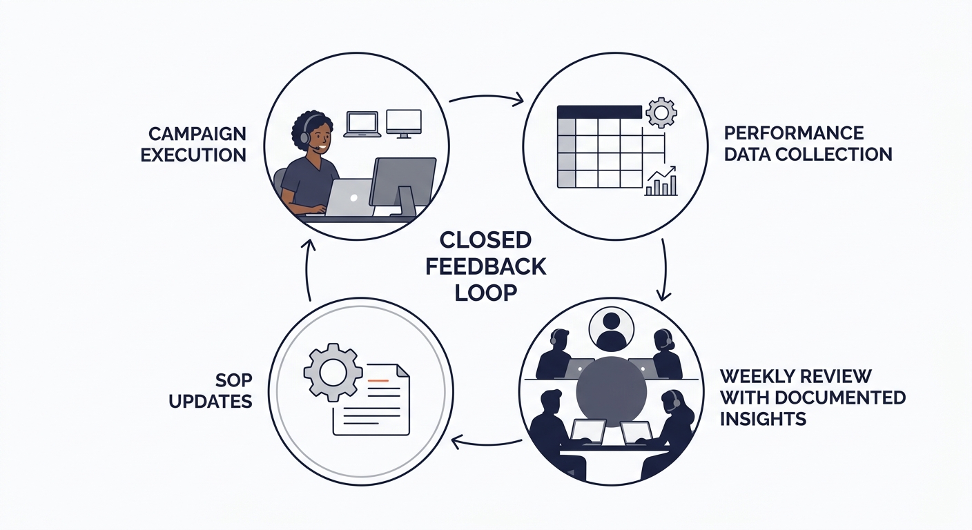 A circular feedback loop diagram showing four connected stages — campaign execution, performance data collection, weekly review with documented insights, and SOP updates — with arrows indicating conti