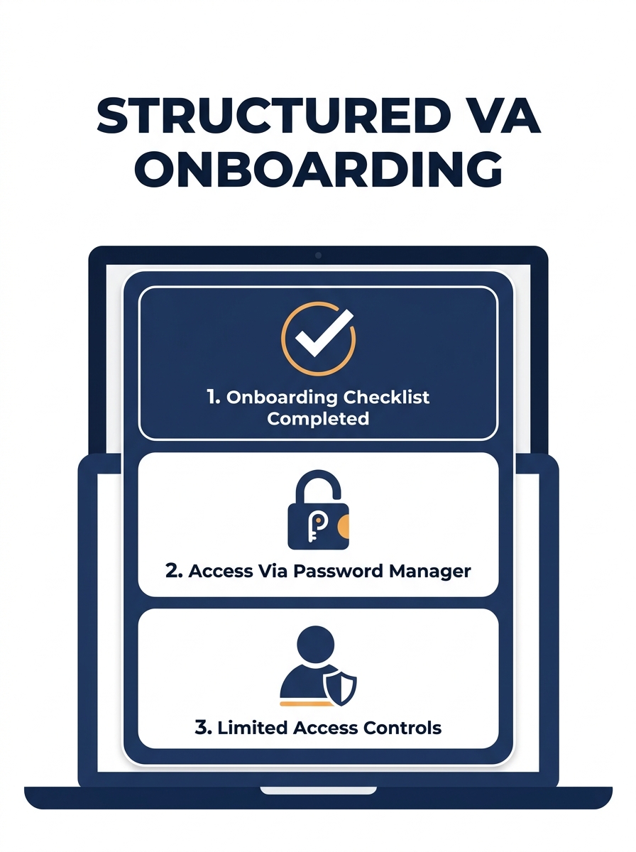 laptop screen showing checklist and password manager interface, representing structured VA onboarding with limited access controls