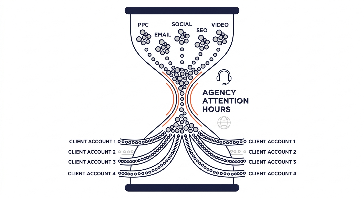 A visual metaphor showing an hourglass with sand grains labeled as different marketing channels (PPC, email, social, SEO, video) flowing through a narrow bottleneck labeled "agency attention hours," i
