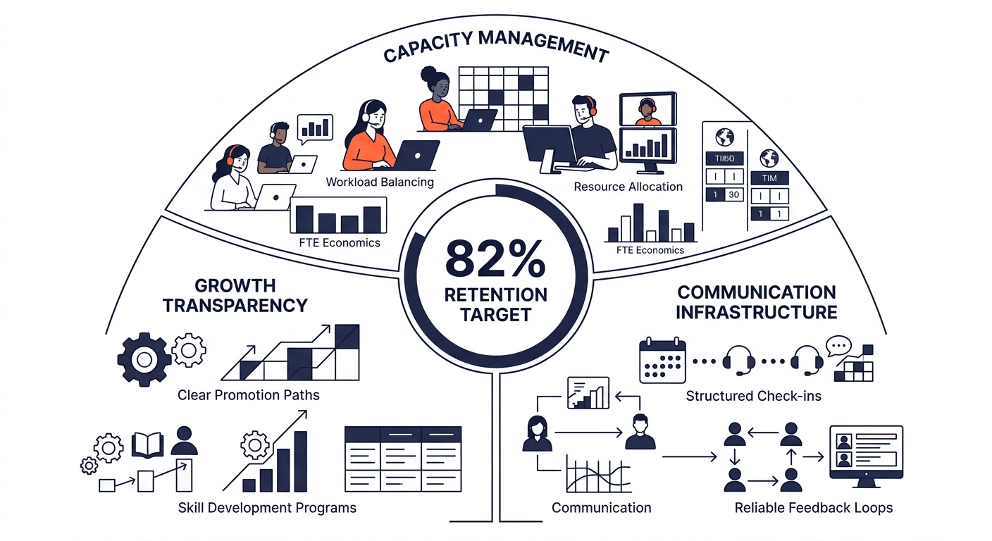 A circular diagram showing three pillars of VA retention - capacity management, growth transparency, and communication infrastructure - with specific tactics listed under each pillar, all connected to