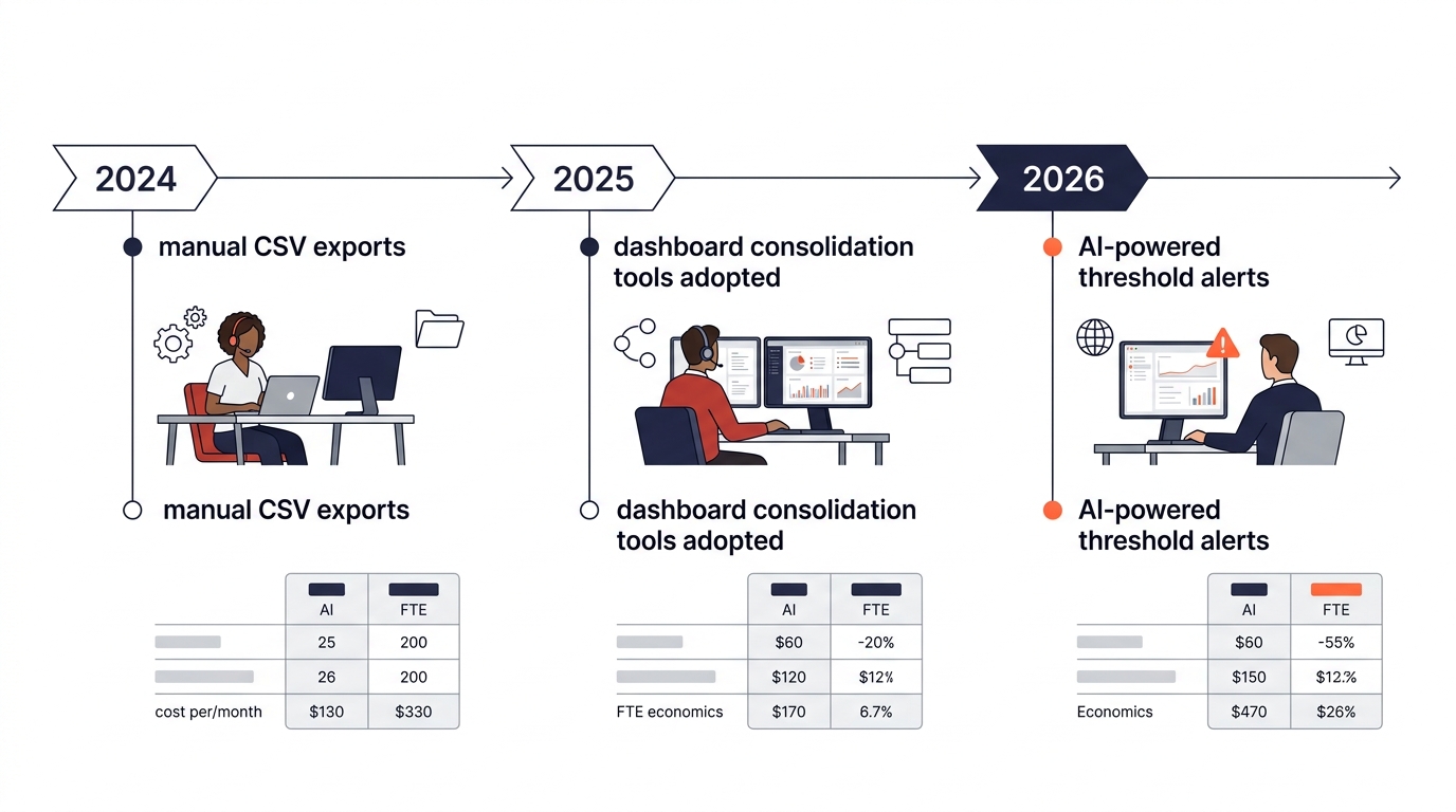 an infographic showing a timeline from 2024 to 2026, with key milestones labeled: manual CSV exports in 2024, dashboard consolidation tools adopted in 2025, and AI-powered threshold alerts in 2026, wi