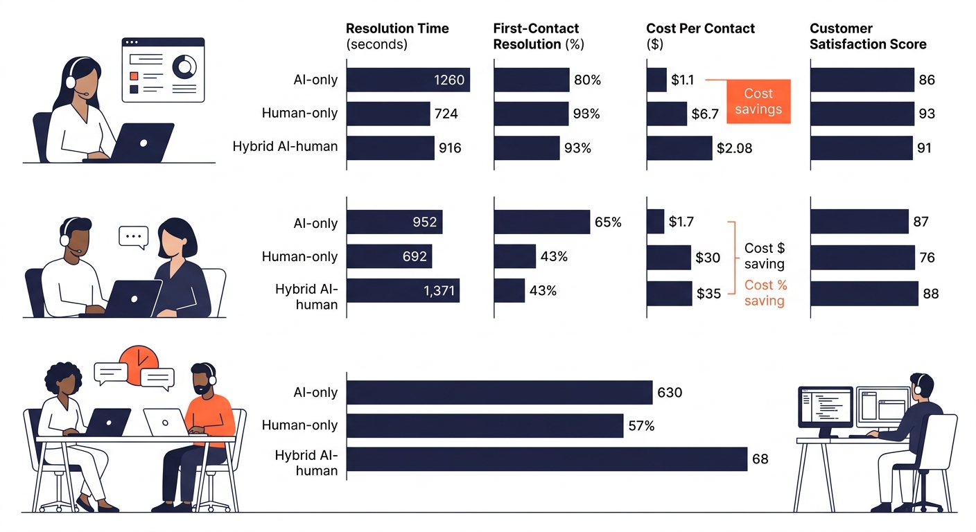 Infographic with horizontal bar chart comparing AI-only, human-only, and hybrid AI-human outsourcing teams across four metrics: resolution time in seconds, first-contact resolution percentage, cost pe
